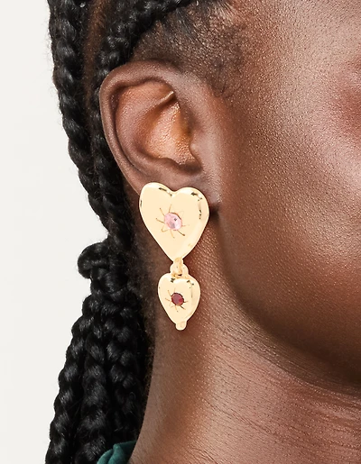 Gold Double Heart With Diamante Star Centre Drop Earrings