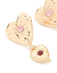 Gold Double Heart With Diamante Star Centre Drop Earrings