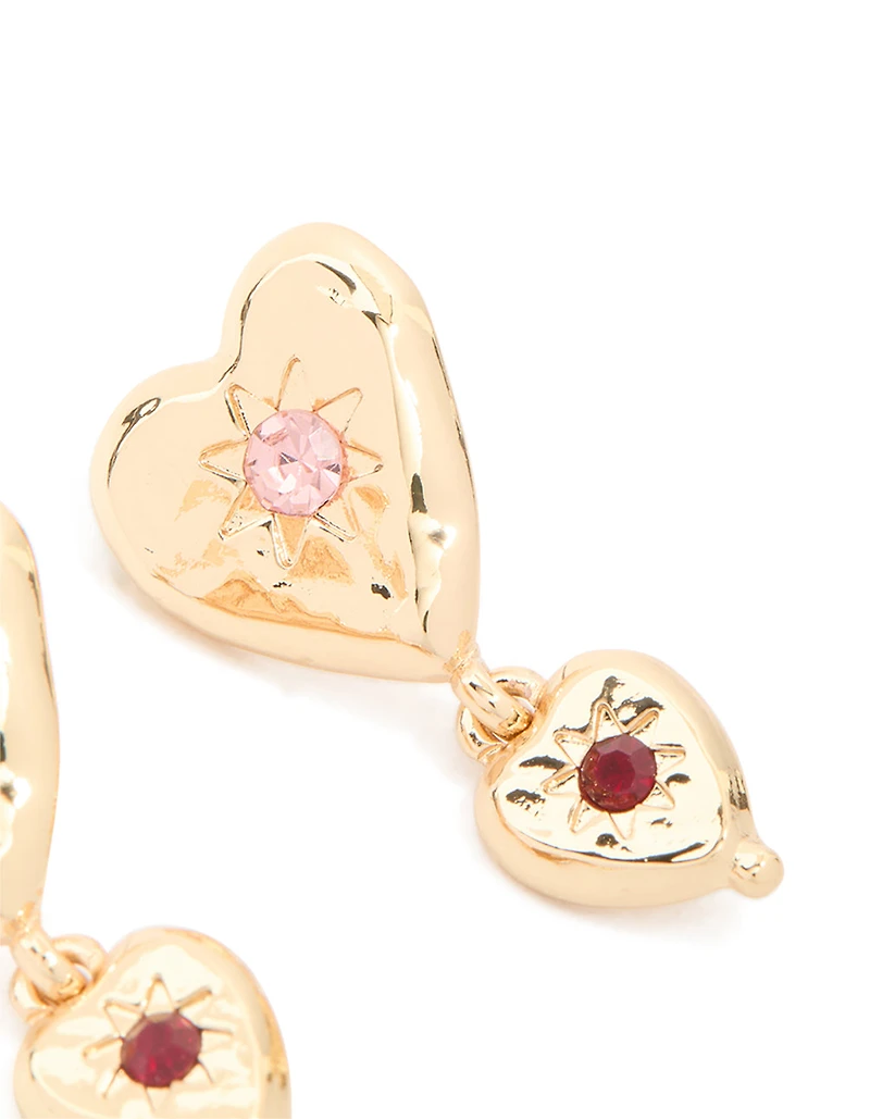 Gold Double Heart With Diamante Star Centre Drop Earrings