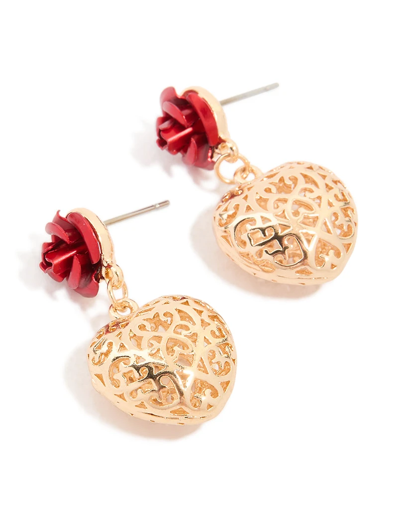 Gold Red Rose & Heart Drop Earrings