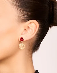 Boucles d’oreilles Gold Red Rose & Heart Drop