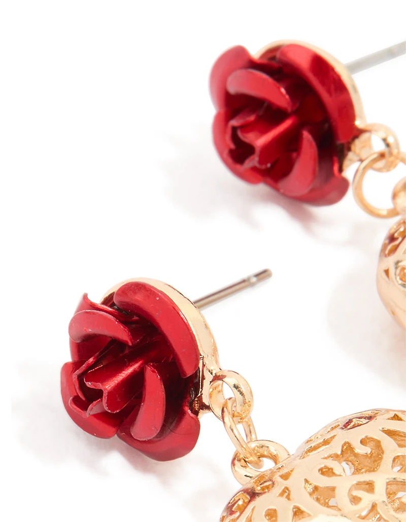 Gold Red Rose & Heart Drop Earrings