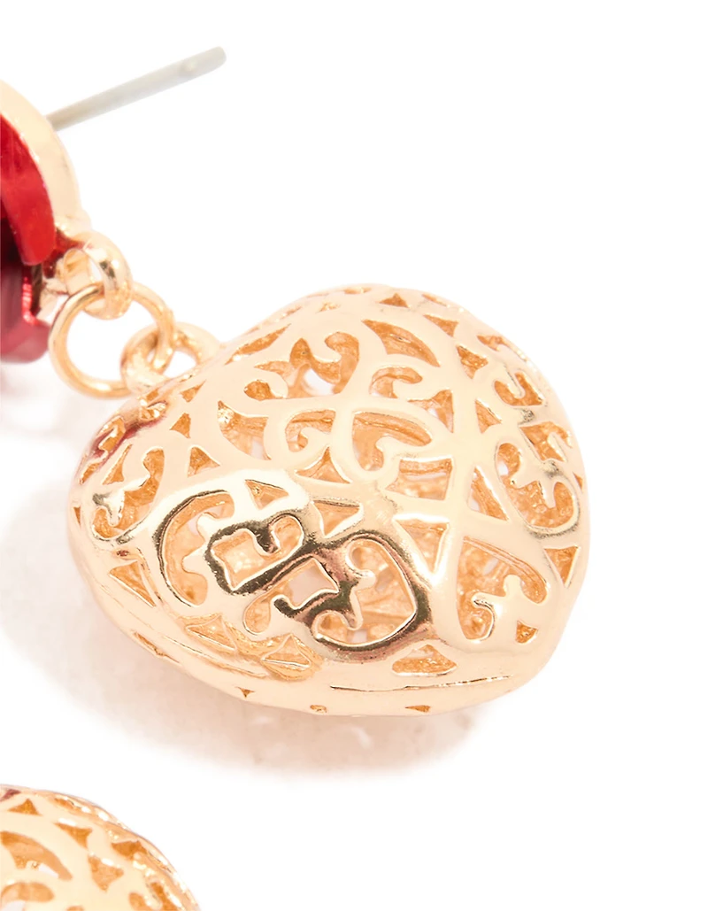 Gold Red Rose & Heart Drop Earrings