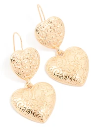 Gold Double Textured Hearts Drop Earrings