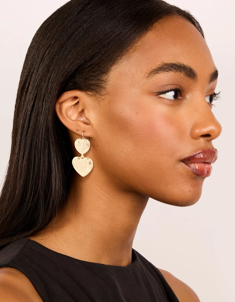 Gold Double Textured Hearts Drop Earrings