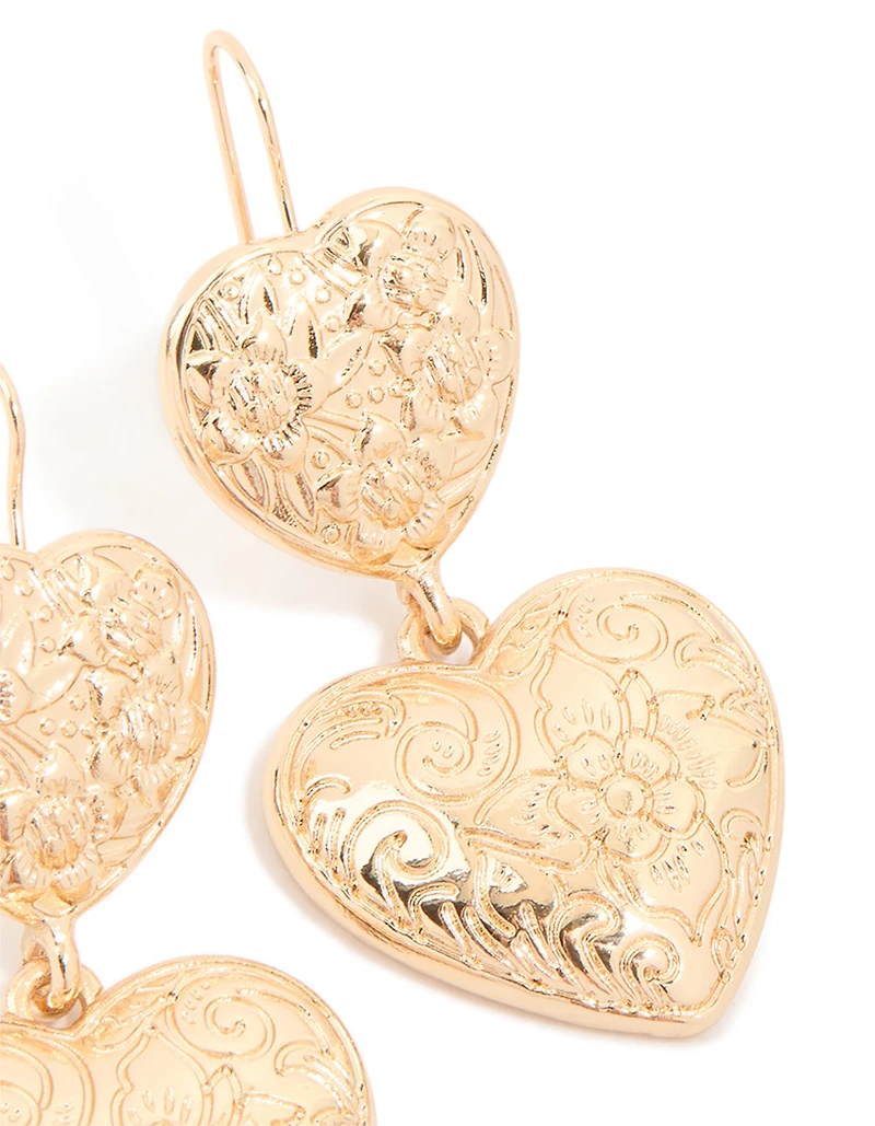 Gold Double Textured Hearts Drop Earrings