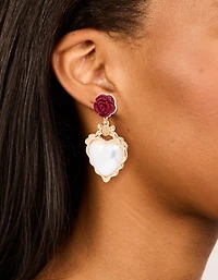 Boucles d’oreilles en goutte de fleurs dorées, rouges et perles