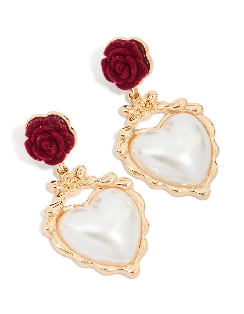 Gold Red Flower & Pearl Heart Drop Earrings