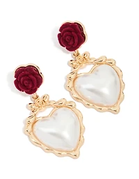 Gold Red Flower & Pearl Heart Drop Earrings