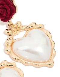 Gold Red Flower & Pearl Heart Drop Earrings