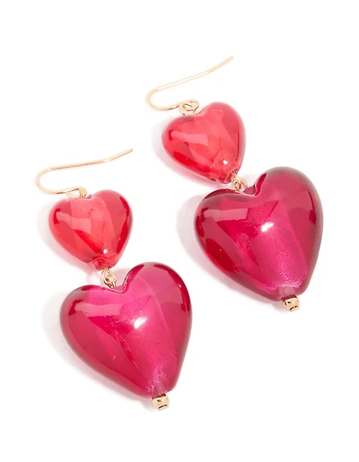 Gold Pink Double Puffy Hearts Drop Earrings