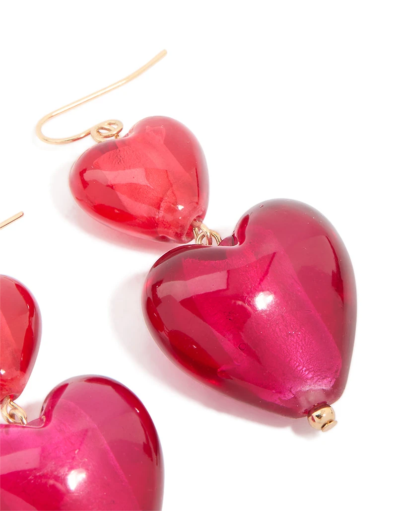 Gold Pink Double Puffy Hearts Drop Earrings