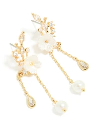 Gold Plated Cubic Zirconia Flower & Leaf Pearl Chain Drop Earrings