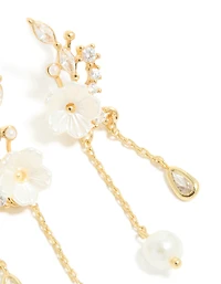 Gold Plated Cubic Zirconia Flower & Leaf Pearl Chain Drop Earrings