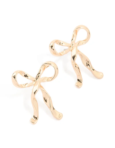 Gold Ribbon Bow Drop Earrings