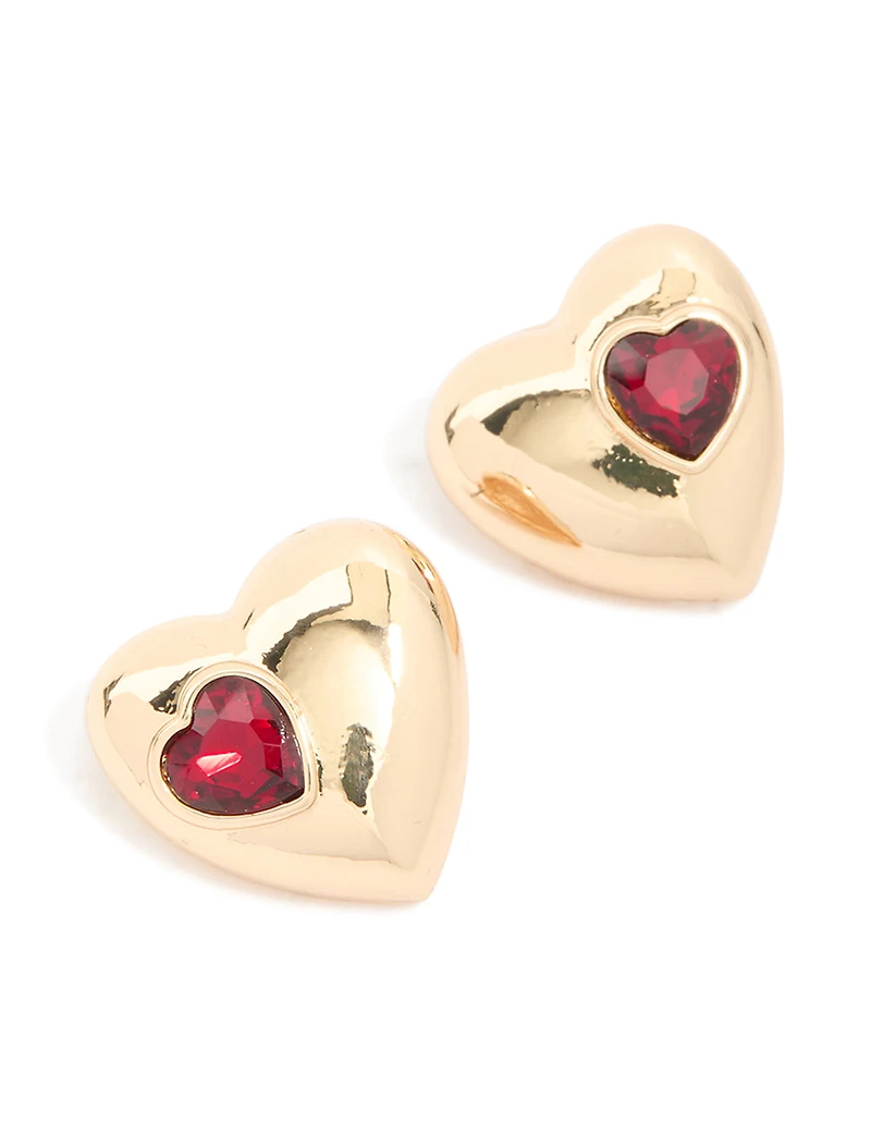 Gold Puffy Heart With Red Diamante Detail Stud Earrings