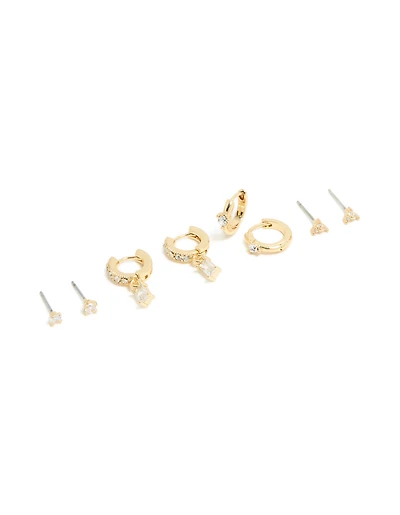 Gold Plated Cubic Zirconia Baguette Studs & Huggie Earrings 4-Pack