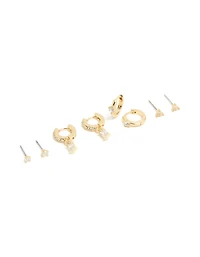 Gold Plated Cubic Zirconia Baguette Studs & Huggie Earrings 4-Pack