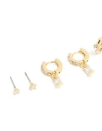 Gold Plated Cubic Zirconia Baguette Studs & Huggie Earrings 4-Pack