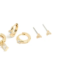 Gold Plated Cubic Zirconia Baguette Studs & Huggie Earrings 4-Pack