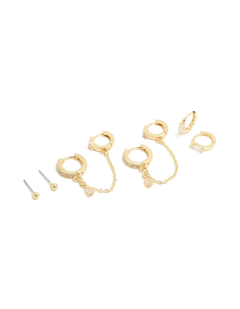 Gold Plated Cubic Zirconia Chain & Bezel Earrings 4-Pack