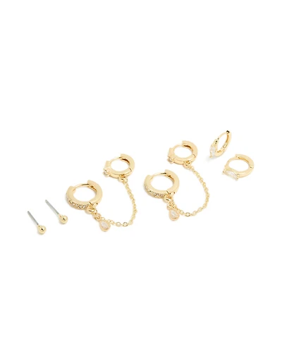 Gold Plated Cubic Zirconia Chain & Bezel Earrings 4-Pack