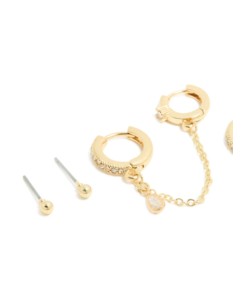 Gold Plated Cubic Zirconia Chain & Bezel Earrings 4-Pack