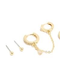 Gold Plated Cubic Zirconia Chain & Bezel Earrings 4-Pack