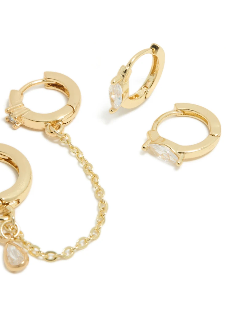 Gold Plated Cubic Zirconia Chain & Bezel Earrings 4-Pack