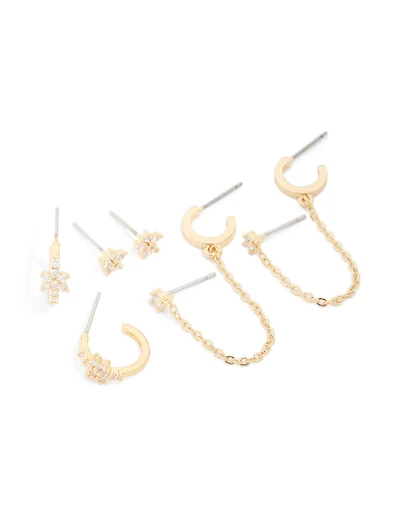 Chaîne de fleurs cubiques plaquées or et boucles d’oreilles mixtes en zirconie