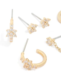 Gold Plated Cubic Zirconia Flower Chain & Mixed Earrings 4-Pack