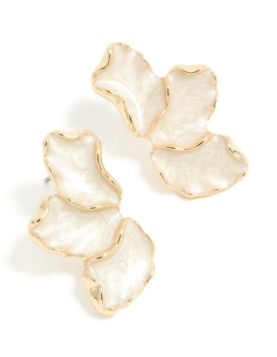Gold Plated White Enamel Half Flower Earrings