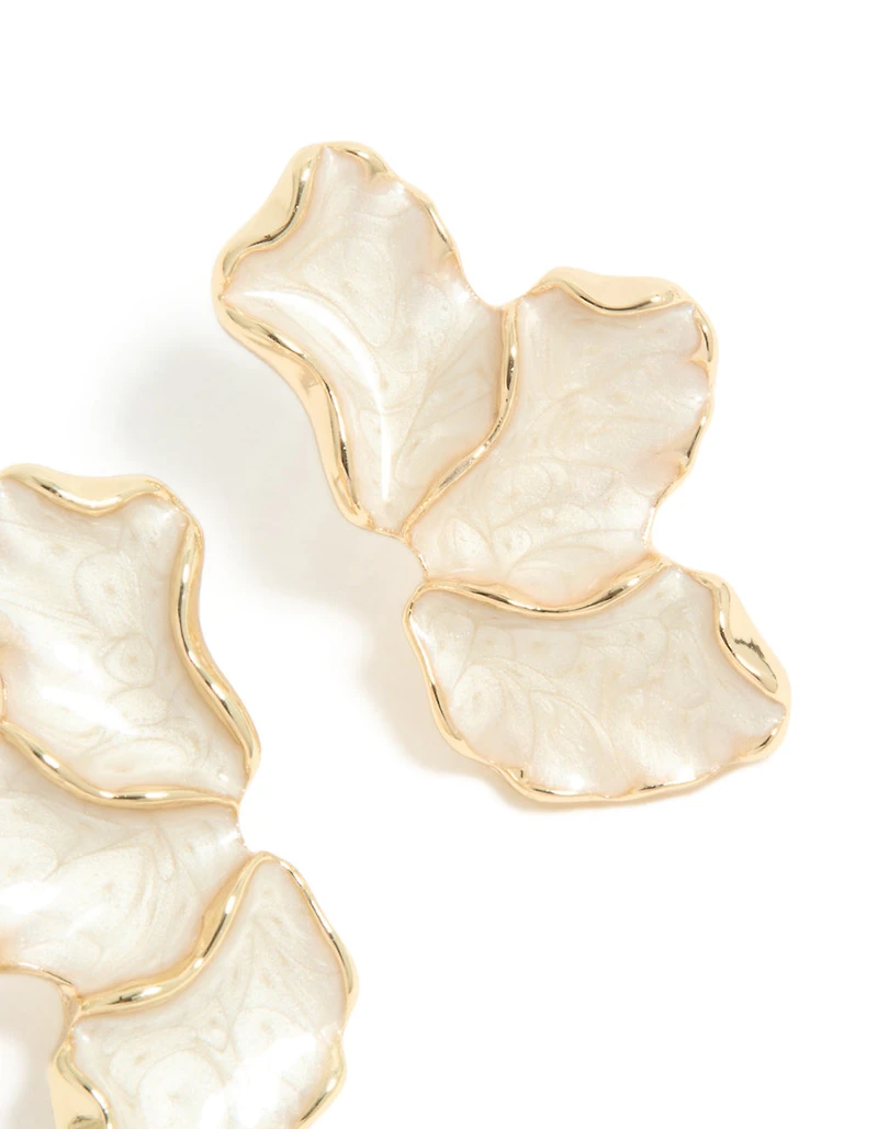 Gold Plated White Enamel Half Flower Earrings