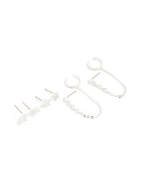 Silver Plated Brass Cubic Zirconia Stud & Dainty Chain Stud Earrings 3-Pack