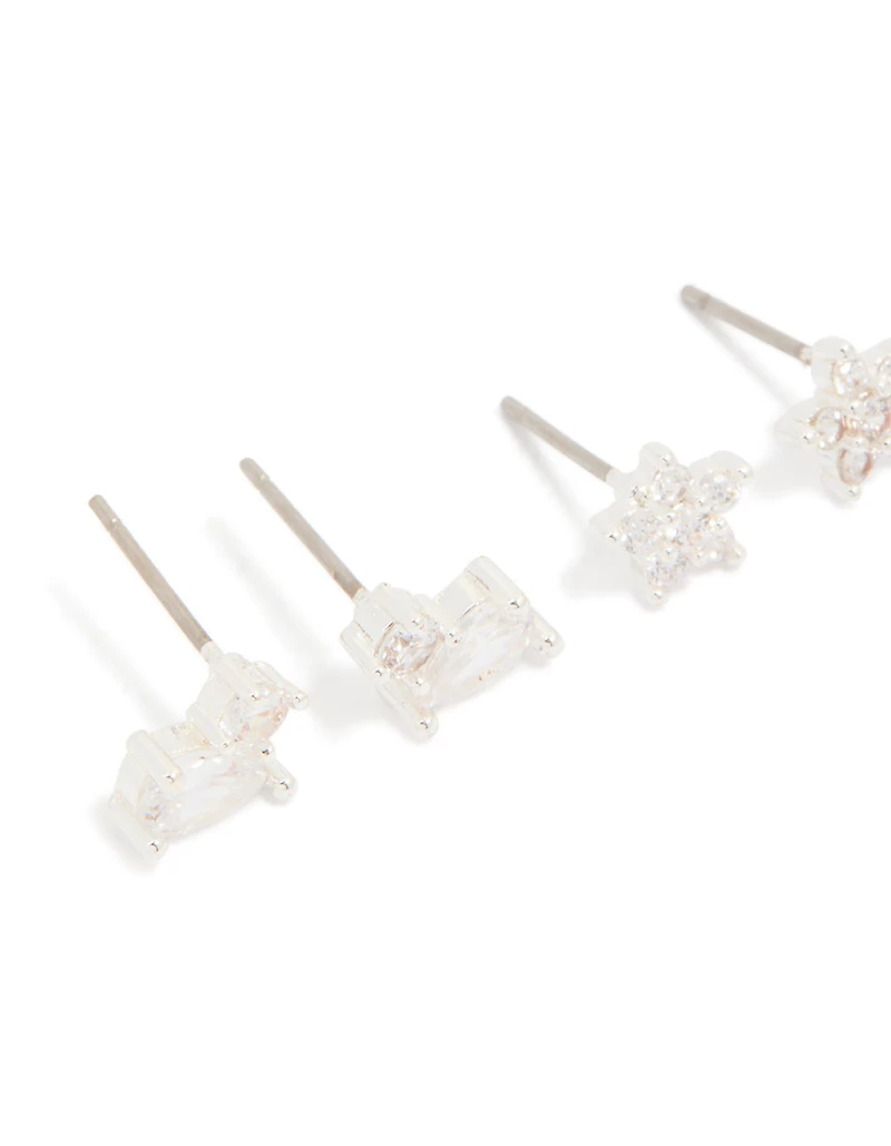 Silver Plated Brass Cubic Zirconia Stud & Dainty Chain Stud Earrings 3-Pack