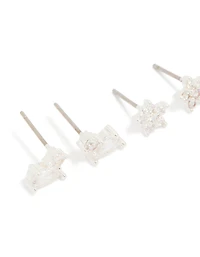 Silver Plated Brass Cubic Zirconia Stud & Dainty Chain Stud Earrings 3-Pack