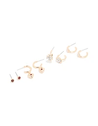 Gold Red Diamante & Floral Earrings 4 Pack