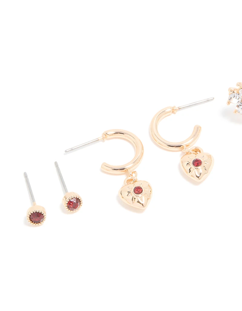Gold Red Diamante & Floral Earrings 4 Pack