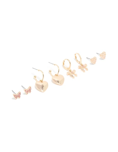 Gold Heart & Dainty Bow Earrings 4 Pack