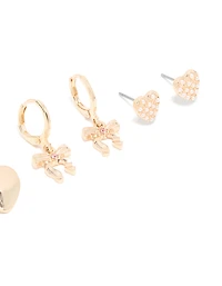 Gold Heart & Dainty Bow Earrings 4 Pack