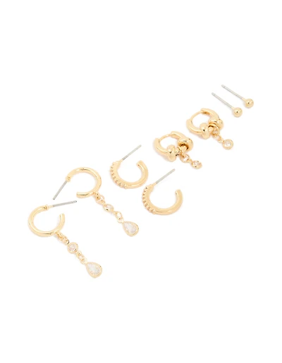 Gold Plated Brass Double Rondell Hoop & Classic Stud Earrings 4-Pack