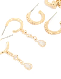 Gold Plated Brass Double Rondell Hoop & Classic Stud Earrings 4-Pack