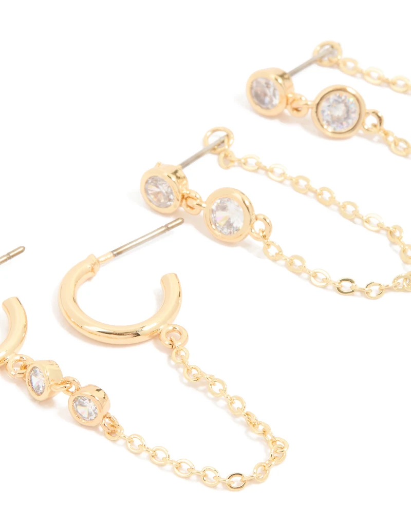 Gold Plated Brass Cubic Zirconia Chain Earrings 4-Pack