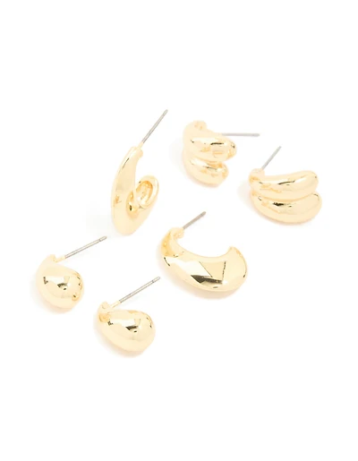 Gold Plated Brass Multi Teardrop Earrings 3-Pack