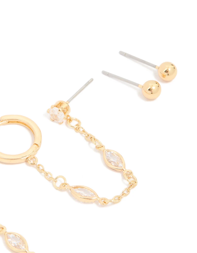 Gold Plated Brass Chain & Stud Earrings 4-Pack