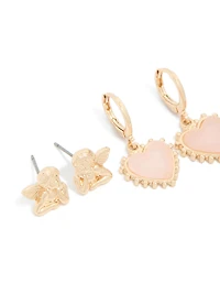 Gold Heart & Cherub Earrings 4 Pack