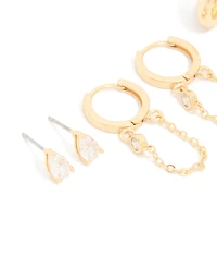 Gold Plated Brass Cubic Zirconia Teardrop Pear Stud & Huggie Earrings 4-Pack