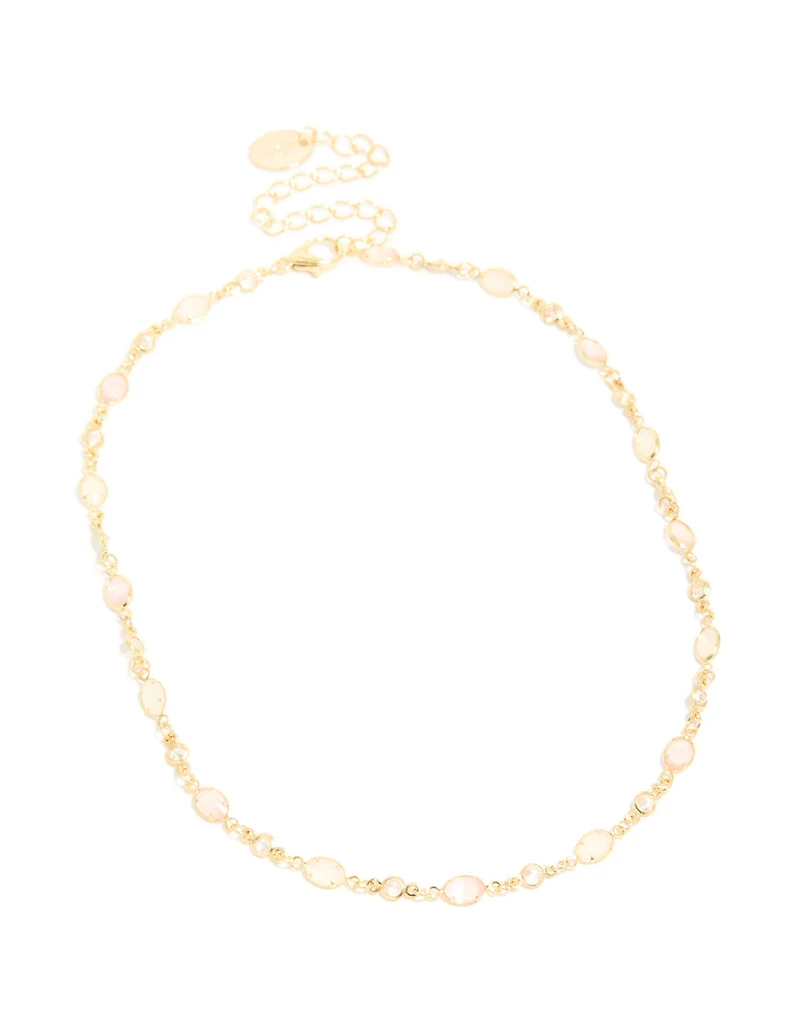 Gold Plated Pink Oval Cubic Zirconia Necklace