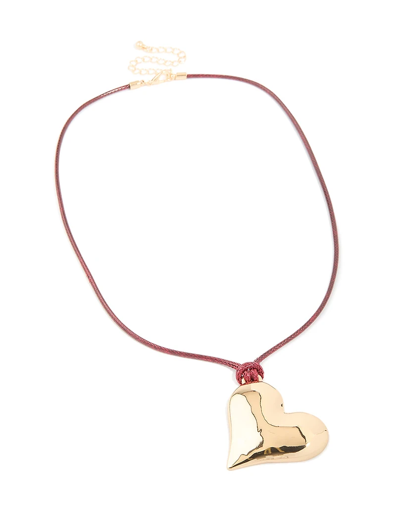 Gold Heart Pink Cord Necklace