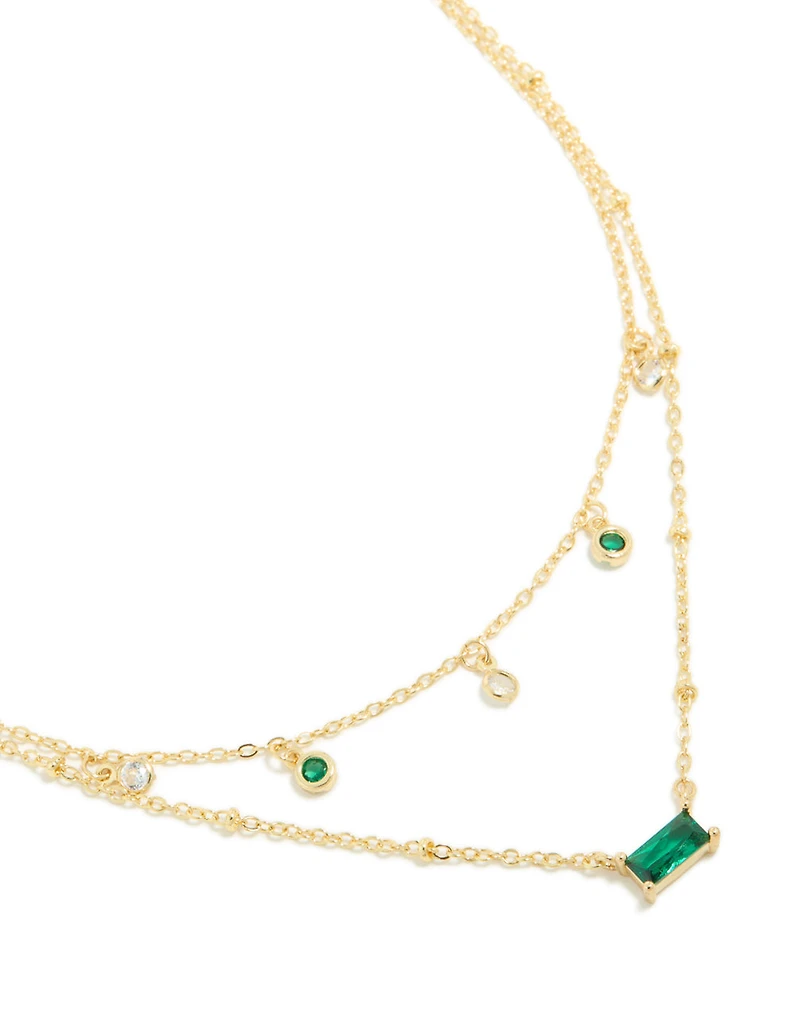 Gold Plated Emerald Cubic Zirconia Baguette & Droplets Layered Necklace
